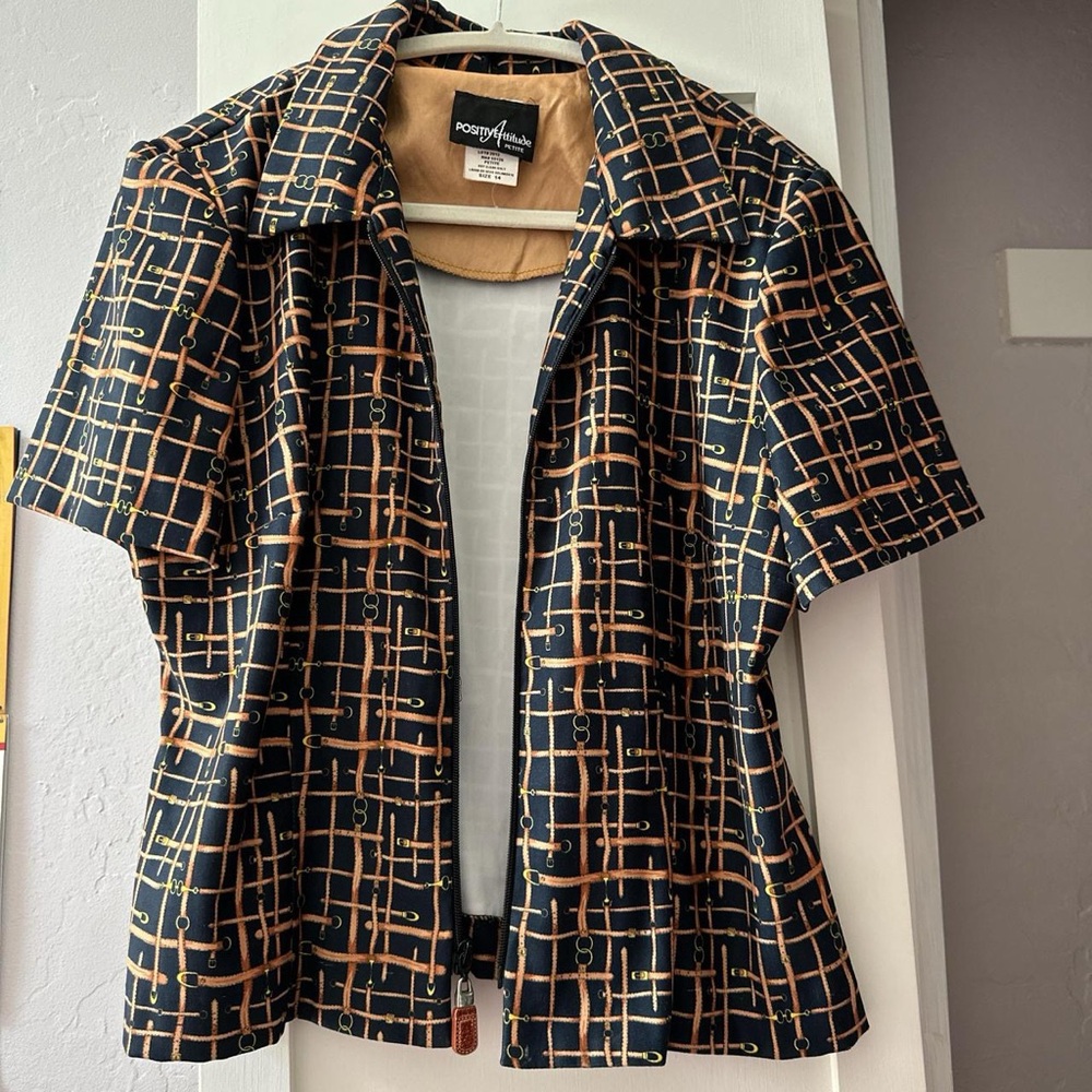 Positive Attitude Navy and Tan Patterned Blouse